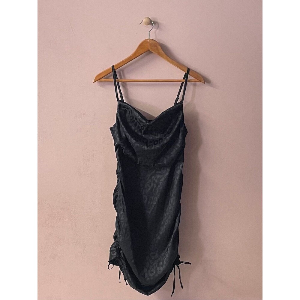 Wild Fable Black Satin Leopard Print Ruched Mini Dress Size M
